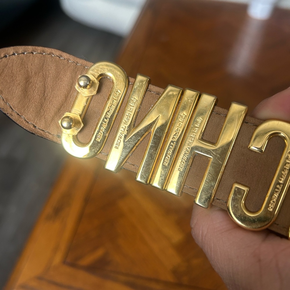 Moschino Black Leather Belt with Gold Letters - Picture 3 of 16